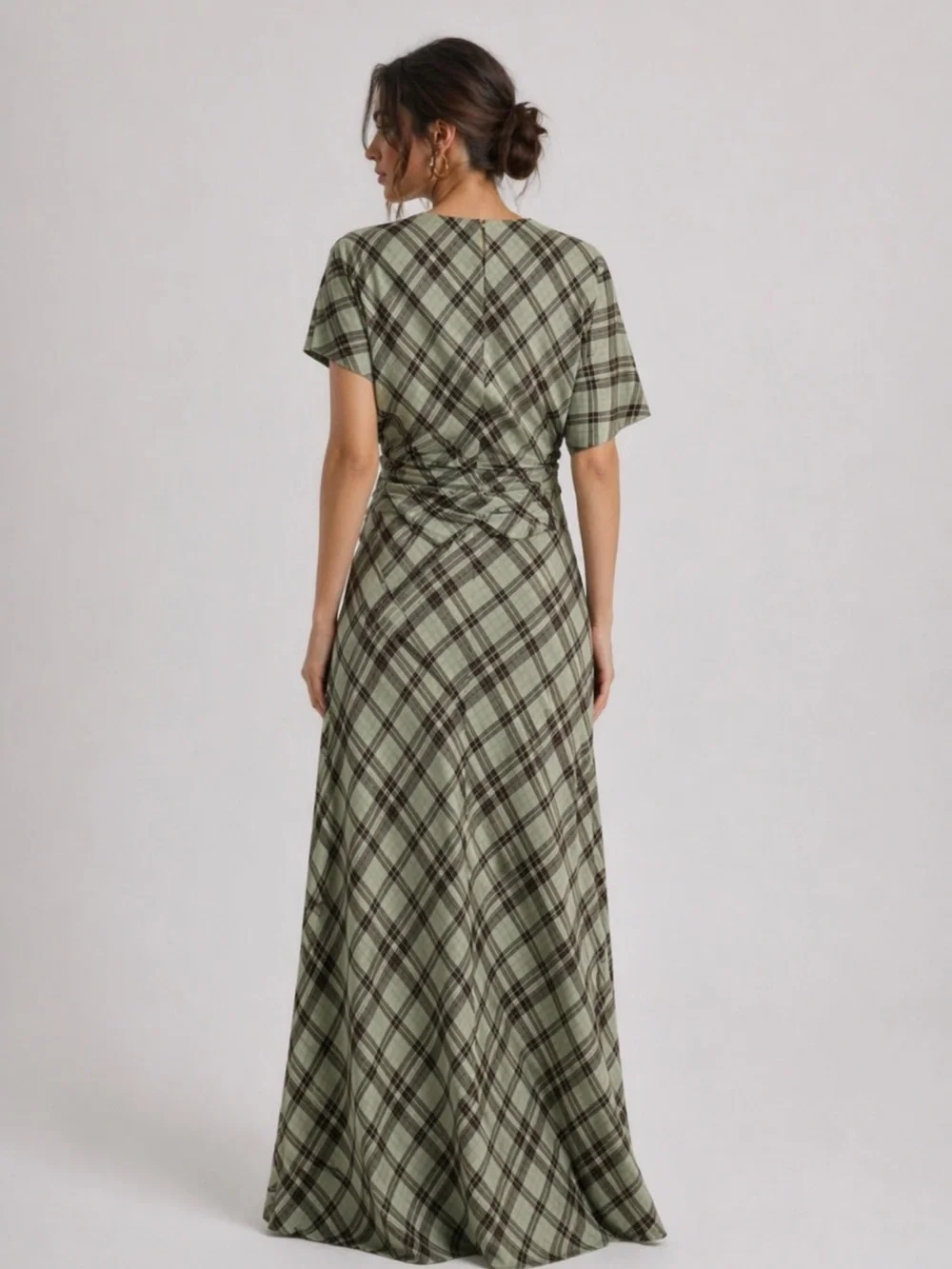Plaid Maxi Skirt & Draped Top Matching Set – Sage Green Brown Check